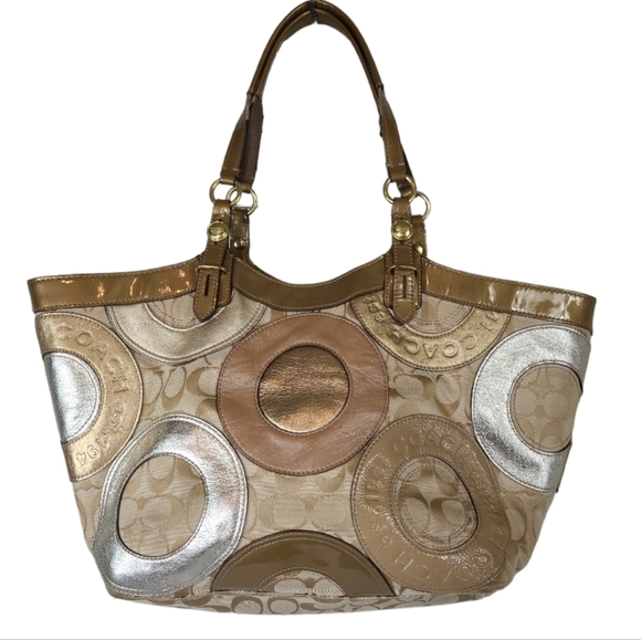 Coach Handbags - COACH Carly Gold & Silver Metallic Pieced Patchwork Signature Bag / Purse